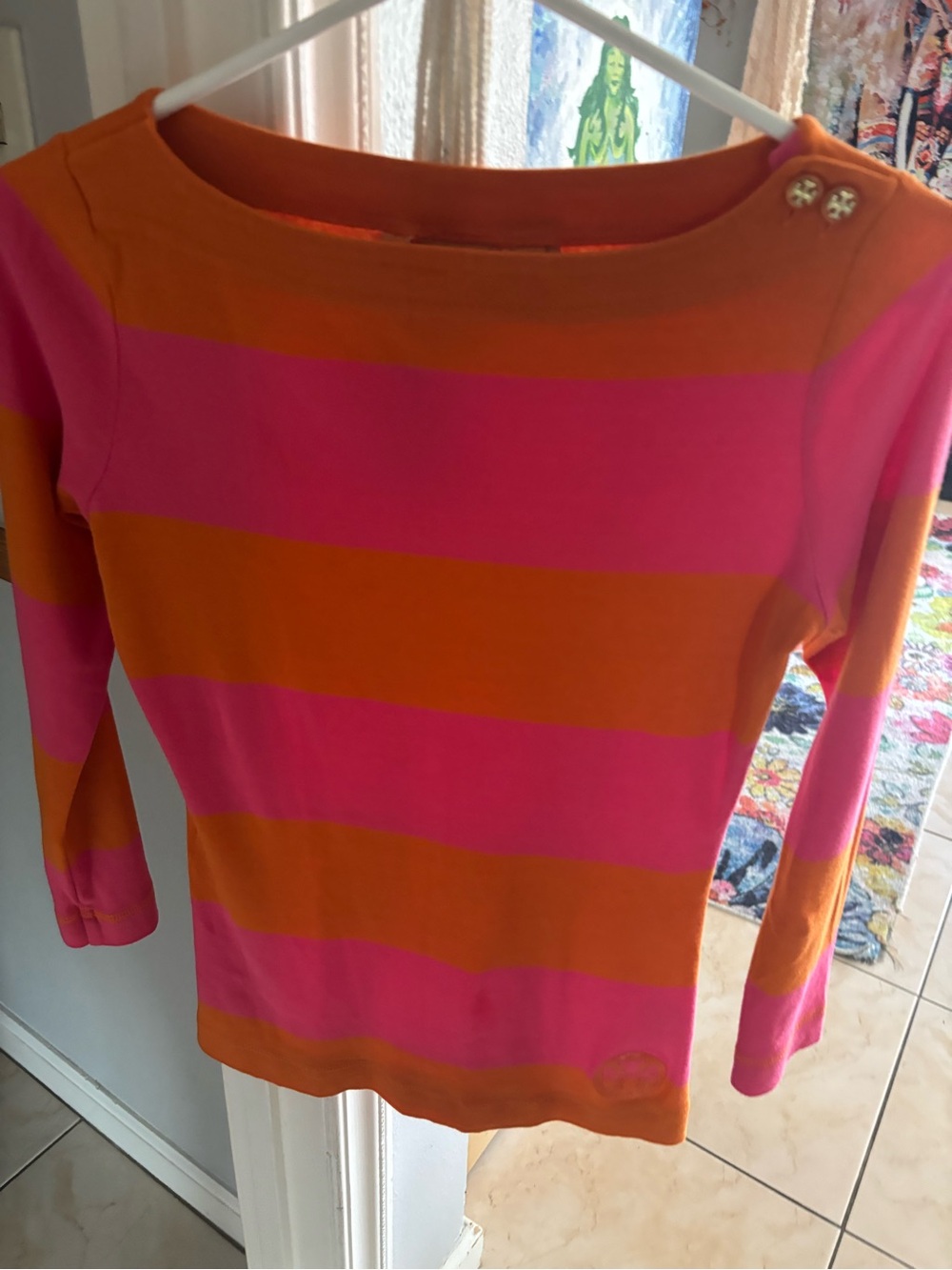 Tory Burch Pink and Orange Striped Boatneck Top